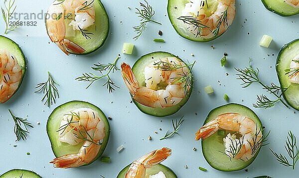 Shrimp and cucumber bites with dill on a light blue background AI generated