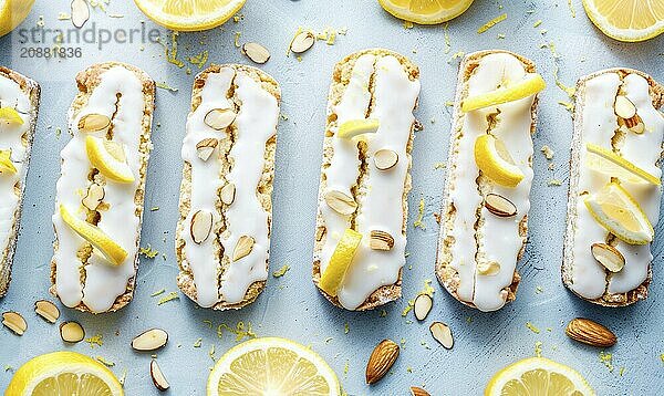 Lemon and almond biscotti with lemon glaze on a light blue background AI generated