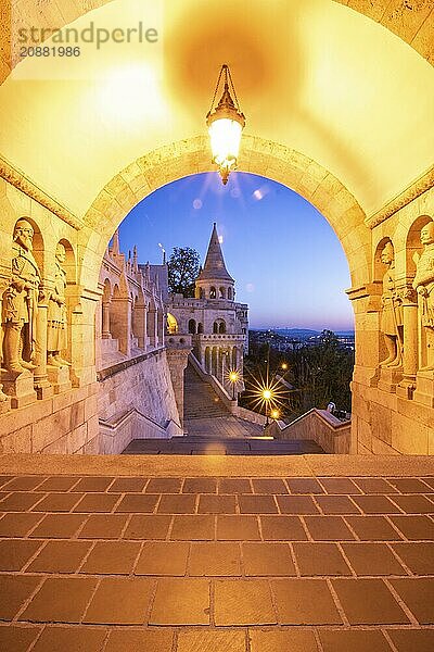 Old historic fortress and church at sunrise. City panorama at dusk. View of the Danube Fishermens Bastion  Halászbástya  Budapest  Hungary  Europe