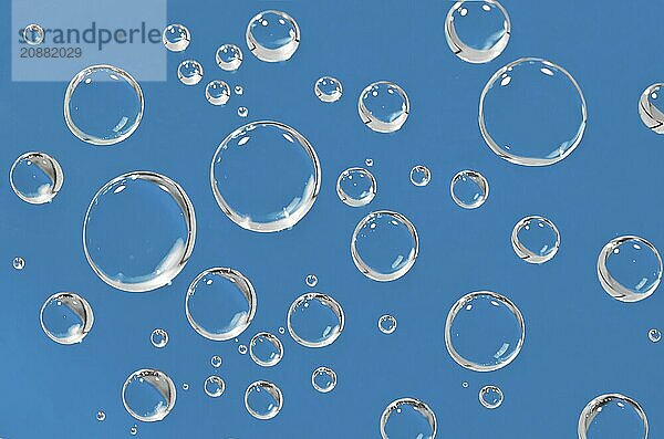 Water droplets on a blue background. Macro shot