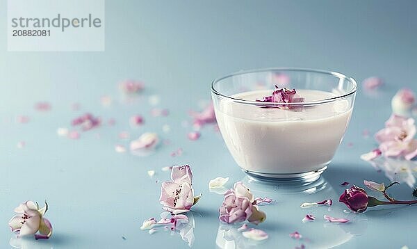 Rosewater milk pudding with rose syrup on a light blue background AI generated