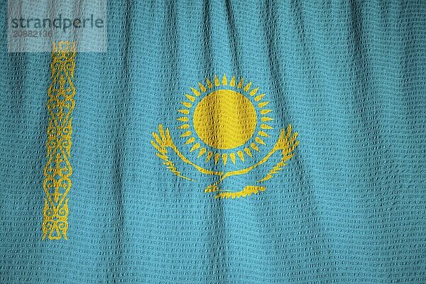 Closeup of Ruffled Kazakhstan Flag  Kazakhstan Flag Blowing in Wind