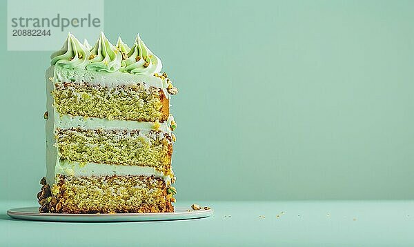 Pistachio cake with buttercream frosting on a light blue background AI generated