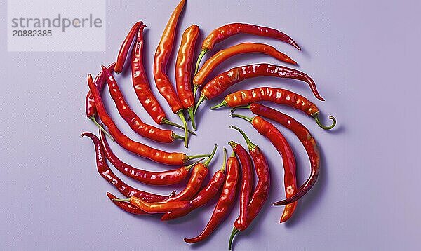 Top view of hot peppers scattered on a purple background AI generated