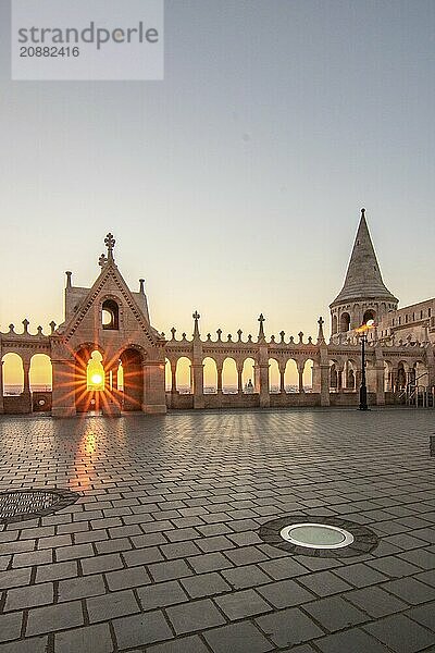 Old historic fortress and church at sunrise. City panorama at dusk. View of the Danube Fishermens Bastion  Halászbástya  Budapest  Hungary  Europe