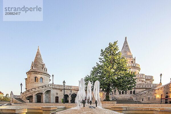 Old historic fortress and church at sunrise. City panorama at dusk. View of the Danube Fishermens Bastion  Halászbástya  Budapest  Hungary  Europe