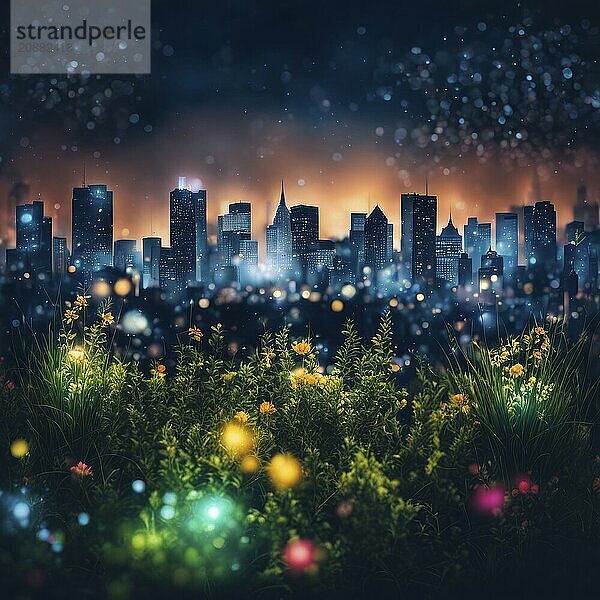 Night cityscape with glowing flowers  a softly lit skyline  and a colorful sky in the background  AI generated