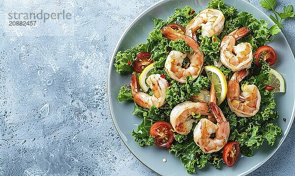 Shrimp and kale salad with lemon vinaigrette on a light blue background AI generated