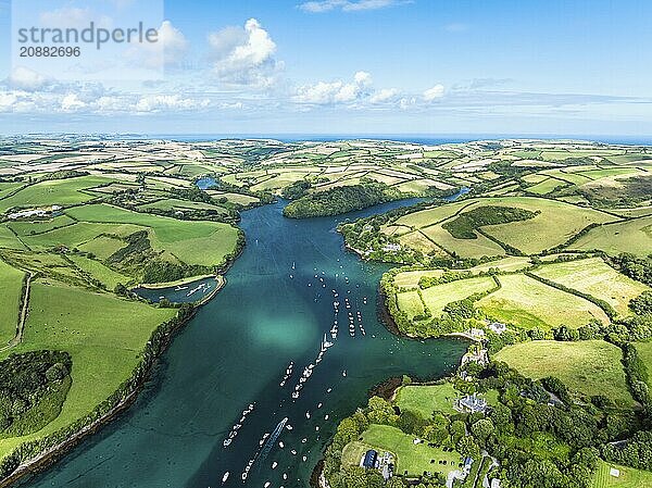 Salcombe and Mill Bay over Kingsbridge Estuary from a drone  Batson Creek  Southpool Creek  Devon  England  United Kingdom  Europe