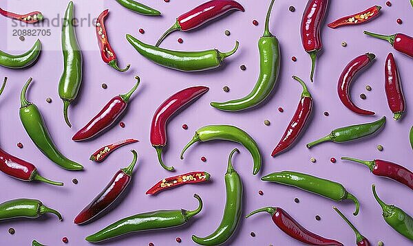 Top view of colorful peppers on a purple background AI generated