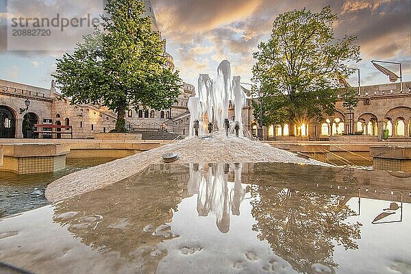 Old historic fortress and church at sunrise. City panorama at dusk. View of the Danube Fishermens Bastion  Halászbástya  Budapest  Hungary  Europe