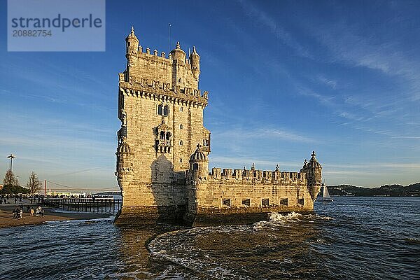 Belem Tower or Tower of St Vincent  famous tourist landmark of Lisboa and tourism attraction  on the bank of the Tagus River Tejo on sunset. Lisbon  Portugal  Europe