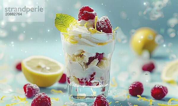 Lemon and raspberry parfait with lemon zest on a light blue background AI generated