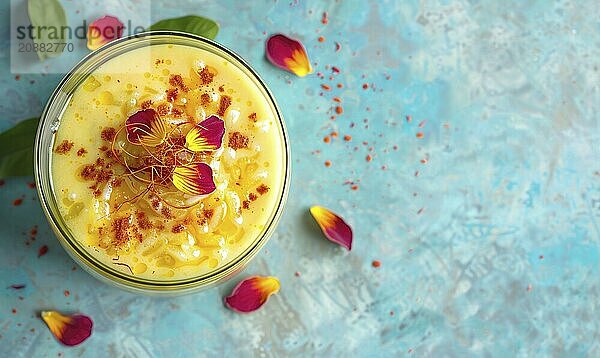 Persian saffron rice pudding on a light blue background AI generated