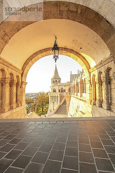 Old historic fortress and church at sunrise. City panorama at dusk. View of the Danube Fishermens Bastion  Halászbástya  Budapest  Hungary  Europe