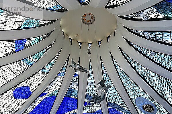 Angels hanging from the stained-glass ceiling  Roman Cathedral of Brasilia or Metropolitan Cathedral of Our Lady of Aparecida  designed by Oscar Niemeyer  World Heritage Site  Brasilia  Federal district  Brazil  South America