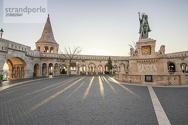 Old historic fortress and church at sunrise. City panorama at dusk. View of the Danube Fishermens Bastion  Halászbástya  Budapest  Hungary  Europe