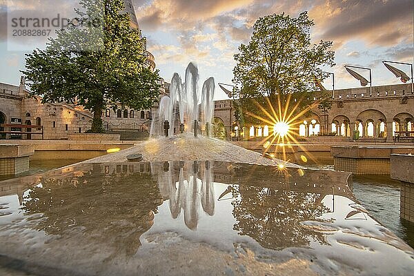 Old historic fortress and church at sunrise. City panorama at dusk. View of the Danube Fishermens Bastion  Halászbástya  Budapest  Hungary  Europe