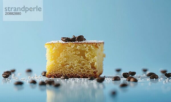 Lemon coffee cake with coffee beans on a light blue background AI generated