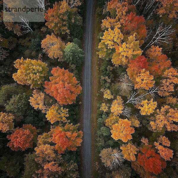 Aerial perspective of an autumn forest with leaves in varying shades of amber red and yellow  AI generated