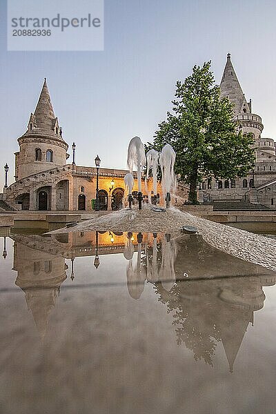 Old historic fortress and church at sunrise. City panorama at dusk. View of the Danube Fishermens Bastion  Halászbástya  Budapest  Hungary  Europe