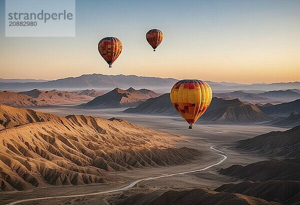 Three hot air balloons drifting over a desert landscape at sunrise with mountains in the distance  AI generated