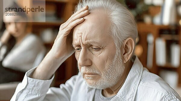 An elderly man looks stressed with his hand on his forehead  a woman and bookshelves in the background  AI generated