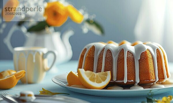 Lemon and coffee bundt cake with glaze on a light blue background AI generated