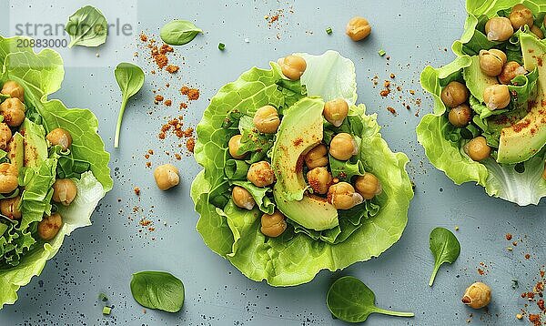 Avocado and chickpea salad in lettuce cups on a light blue background AI generated