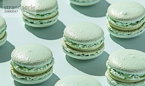 Pistachio macarons on a light blue background AI generated