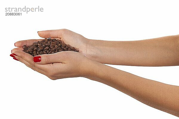 Woman hands and beans. Isolated on white