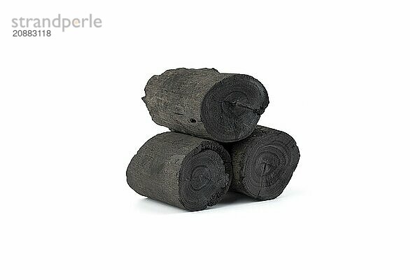 Natural wood charcoal isolated on white background. Pile of coal isolated on white background