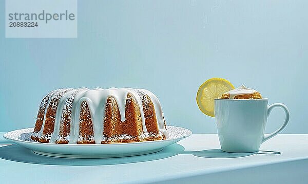 Lemon pound cake with a sugar glaze and a macchiato on a light blue background AI generated