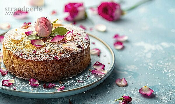 Rosewater honey cake with rose petal garnish on a light blue background AI generated