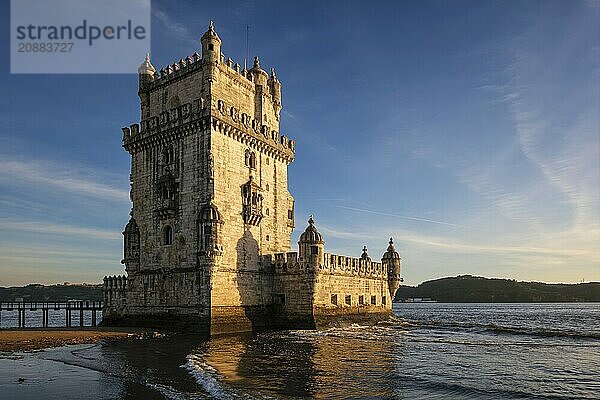 Belem Tower or Tower of St Vincent  famous tourist landmark of Lisboa and tourism attraction  on the bank of the Tagus River Tejo on sunset. Lisbon  Portugal  Europe