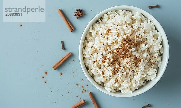 Puerto Rican arroz con dulce with cinnamon on a light blue background AI generated