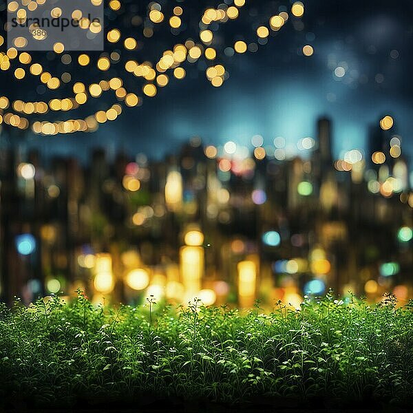 Foreground of green plants with blurry city lights and bokeh effect in the background  creating a magical nighttime ambiance  AI generated