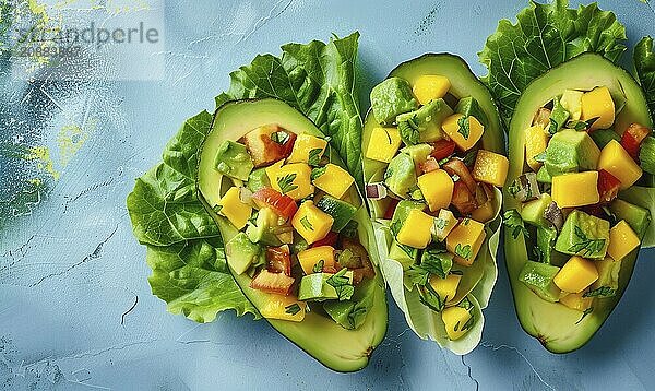 Avocado and mango salsa on endive leaves on a light blue background AI generated