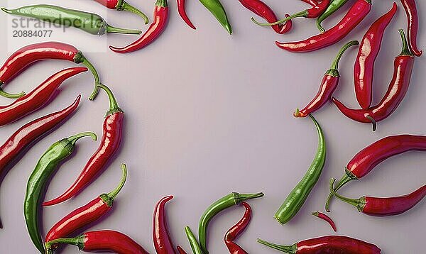 Top view of hot peppers scattered on a purple background AI generated