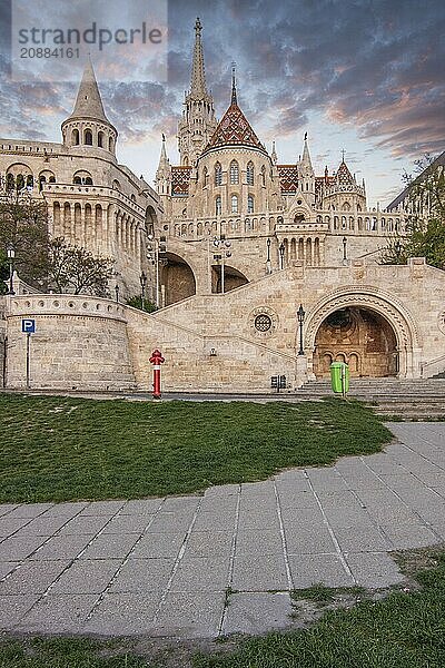 Old historic fortress and church at sunrise. City panorama at dusk. View of the Danube Fishermens Bastion  Halászbástya  Budapest  Hungary  Europe