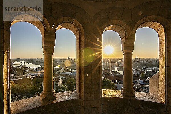 Old historic fortress and church at sunrise. City panorama at dusk. View of the Danube Fishermen's Bastion  Halászbástya  Budapest  Hungary  Europe