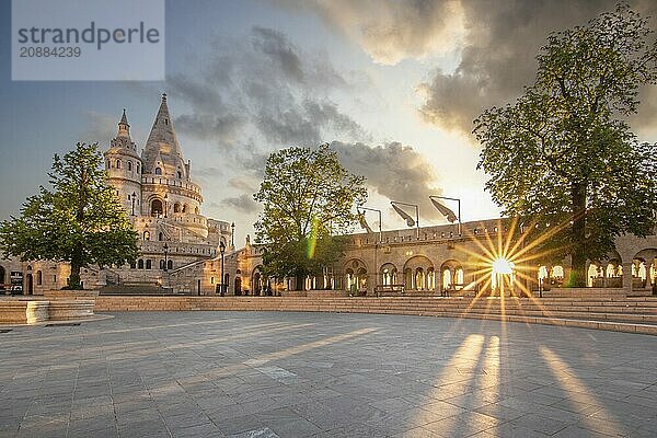 Old historic fortress and church at sunrise. City panorama at dusk. View of the Danube Fishermens Bastion  Halászbástya  Budapest  Hungary  Europe