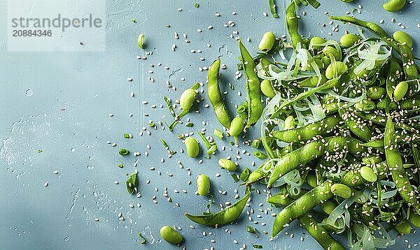 Edamame and seaweed salad with sesame seeds on a light blue background AI generated