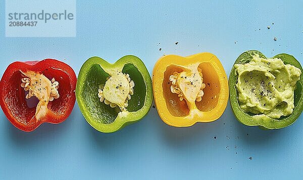 Sliced bell peppers with guacamole on a light blue background AI generated