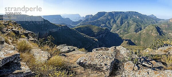 Panorama  view of the Blyde River gorge  Lowveld Viewpoint  in the evening light  canyon landscape  Blyde River Canyon  Panorama Route  Mpumalanga  South Africa  Africa