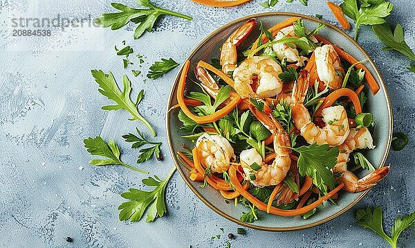 Shrimp and carrot salad with ginger dressing on a light blue background AI generated