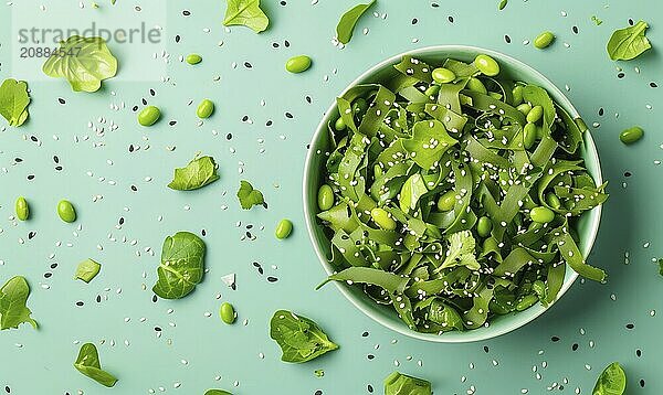 Edamame and seaweed salad with sesame seeds on a light blue background AI generated