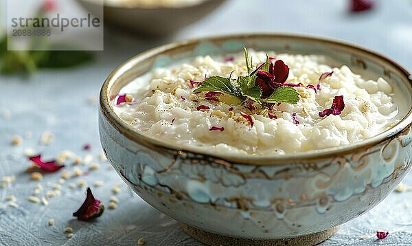 Rosewater rice pudding on a light blue background AI generated