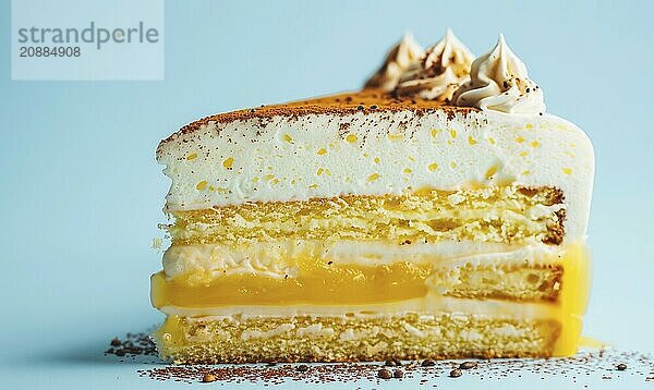 Lemon and coffee mousse cake with layers on a light blue background AI generated