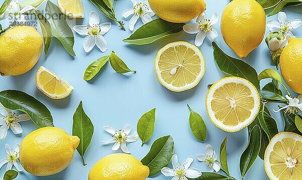 Sliced lemons with lemon leaves and blossoms on a light blue background AI generated